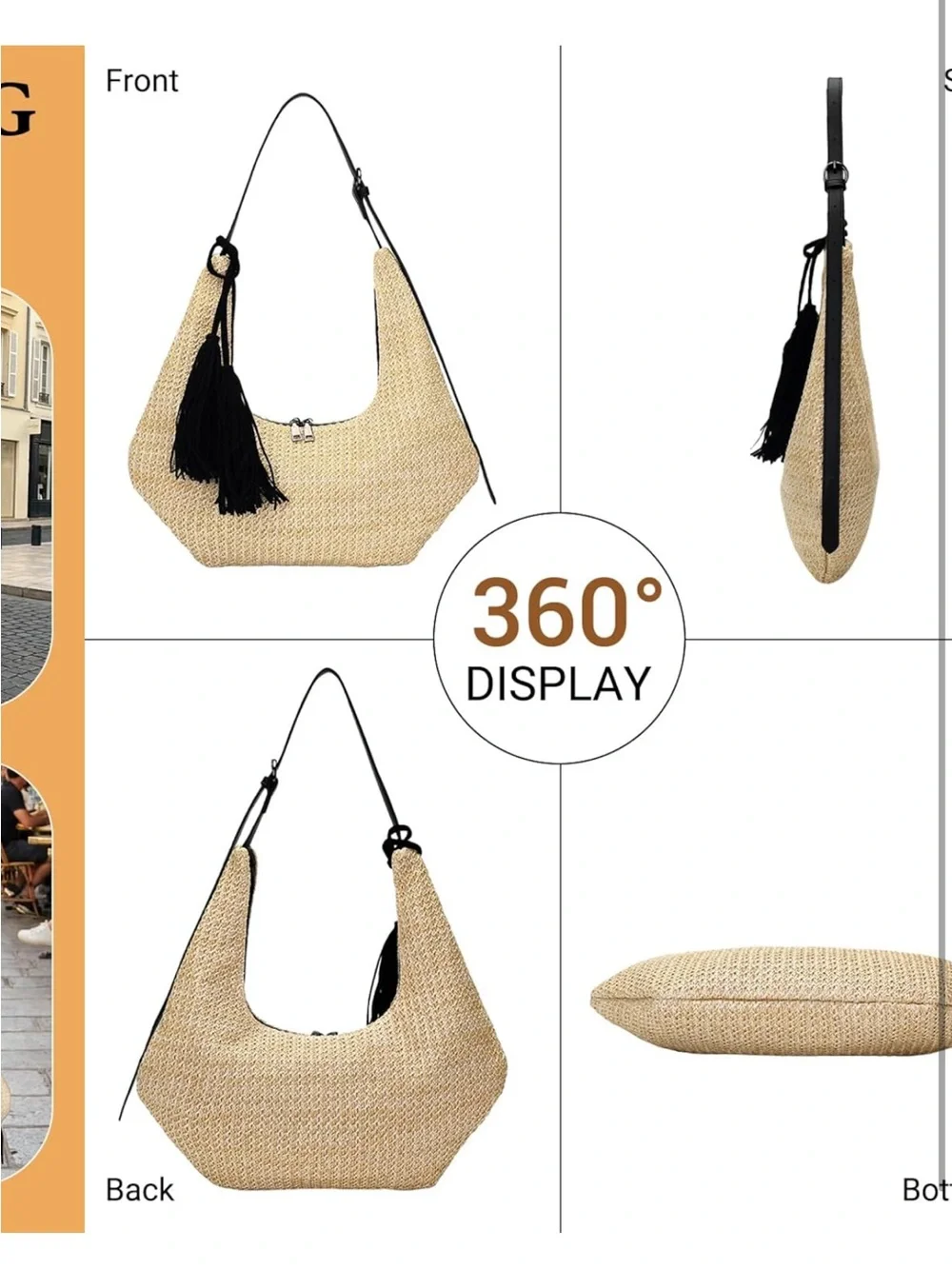 Straw Hobo Shoulder Bag with Tassel, Summer Beach Crossbody Purse